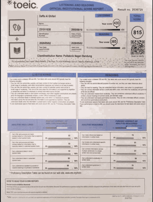 TOEIC - Listening & Reading (Skor: 815/990)